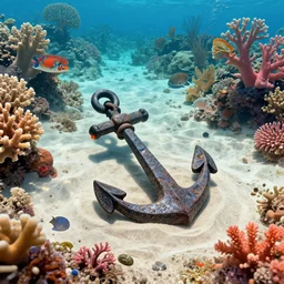 an anchor in the sand near a coral reef surrounded by sea creatures, concept art, highly detailed, high quality, bright colors
