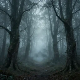 a spooky grove of trees by thomas kinkade, foggy, eerie