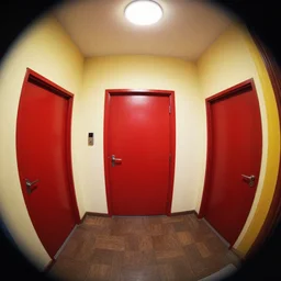 theatre access corridor background, 3 doors, fish eye, color, vibrant, by ann marcellino