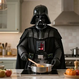 Darth Vader cooking in the kitchen, photo realistic, award-winning, highly-detailed