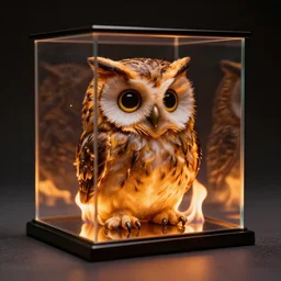 a cube - shaped owl, on fire, inside a glass box, hyperrealism photography cube shaped owl