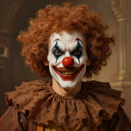 a mustache man wearing brown rags clown wig clown nose, evil grin, d & d, intricate, elegant, volumetric lighting, scenery, digital painting, highly detailed, artstation, sharp focus, illustration, concept art, ruan jia, steve mccurry