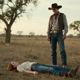 a cowboy standing next to a dead girl, the cowboy is smiling.