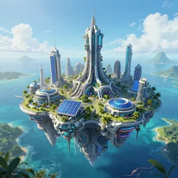 floating futuristic solar punk city in the south pacific, digital art, artstation