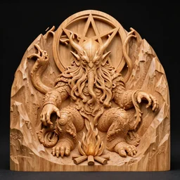 Detailed oak wood carving sculpture of Cthulhu with a pentagram in the mountains, rocky mountains at night with campfire
