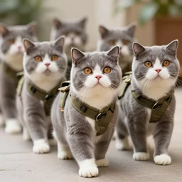 Cute british shorthair cat army marching together, realistic