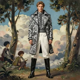 black white cloth fabric jodhpurs knee high boots travel coat fashion, portrait top mounting trees, clouds, greg manchess painting by sargent and leyendecker, studio ghibli, fantasy, asymmetrical, intricate, elegant, matte painting, illustration, hearthstone, by greg rutkowski, by greg tocchini, by james gilleard, by joe fenton