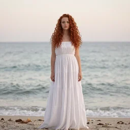 a portrait photography of a beautiful woman with red long curly hair and full body dress in white by Flora Borsi, stand up with the sea behind, soft natural lighting, pastel colors scheme, fine art photography, , 80 mm sigma art