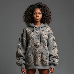 full body portrait of young black woman as a software engineer, oversized hoodie, intricate, beautiful and elegant, highly detailed, digital painting, artstation, concept art, smooth, sharp focus, illustration, art by wlop, mars ravelo and greg rutkowski