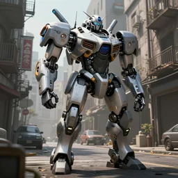 a robotic mecha police on a slums downtown street, concept art, artstation, futuristic, matte painting, hyper realistic, art by feng zhu, cinematic