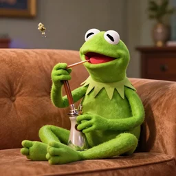 candid photo of kermit the frog sitting on the couch hitting a bong, kermit the frog in ted ( 2 0 1 2 ) bong scene, kermit the frog using a bong, kermit smoking weed, bong rip, high resolution photo, trending on artstation, interior design,
