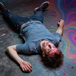 creative interpretation of a man lying on the floor and his head was shot, psychedelic