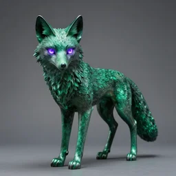 Emerald Fox sculpture with glowing purple eyes