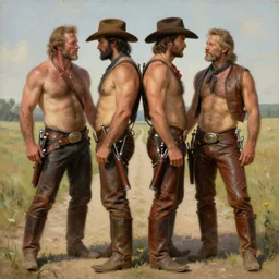 a homoerotic symmetrical painting by clyde aspevig, greg rutkowski, gaston bussiere, j. c. leyendecker of attractive hairy gunslinger and handsome cowboy, they are in love standing back to back | bandoliers, shirtless, leather clothing | natural lighting, path traced, highly detailed, high quality, tom of finland, trending on artstation