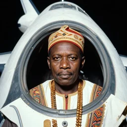 analogue photo of an igbo tribal chief inside the orbiter of a space shuttle, close-up, colour, photo shot by martha cooper, 35mm,