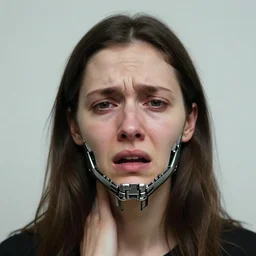 cybernetic implants on face, metal jaw, usb port on forehead, portrait by jenny saville, pain, panic, sorrow, concern, mad