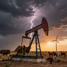 photo of a stormy west texas sunset, perfect rustic pumpjack!, ( ( ( wind turbine ) ) ), abandoned train!!, horses!!!!!!, cows!!!!!!, high resolution lightning, golden hour, high detail, beautiful!!!
