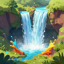 a 3 d fractalpunk illustration of a waterfall, colors splashing and spattering the ground