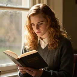 portrait of emma watson as hermione granger sitting next to a window reading a book, focused expression, face focus, golden hour, art by kenne gregoire and krenz cushart, trending on artstation