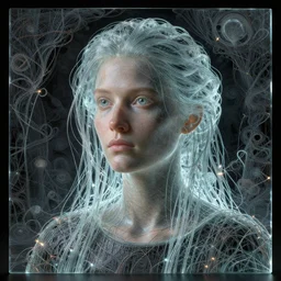 Woman's portrait, Masterpiece, glass, flat background, glowing, wires everywhere, by Edgar Maxence and Ross Tran, Zdzisław Beksiński, and Michael Whelan, distant, gustav dore, H.R. Giger, 8k, octane render