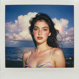 vintage polaroid analog photo of a beautiful young woman, lush lips, round eyes, blush, vintage bathing suit, big clouds, sunlight, warm azure tones, ocean, heavy lensflare, color bleed, film grain, jules bastien - lepage, rudolph belarski, johfra bosschart, alexandre cabanel