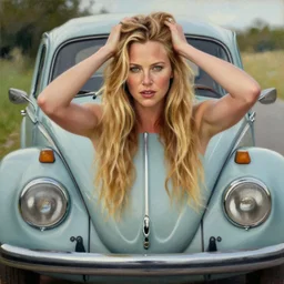 beautiful y charlize theron with long blonde hair locks holds over its head on its two hands old volkswagen beetle, oil on canvas, naturalism