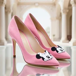 pink suede pumps shoes with slim heels and pointed toes with a happy mickey mouse printed on it, photorealistic, transluscent, glass, beautiful, architecture, product design, clean, highly detailed, 8 k, ornate detail