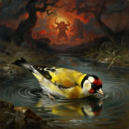 painting of a goldfinch drowning in a river of nightmares, in the background you can see hell. by theodore gericault, realistic oil painting, 4 k, studio lightning, award winning, very detailed shadows