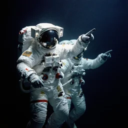 astronauts pointing in the dark infinite underwater void - complex and hyperdetailed technical suit, fabric material. realistic hands. reflection and dispersion materials. contour lighting. rays and dispersion of light. volumetric light. 5 0 mm, f / 3 2. noise film photo. flash photography. ultra realistic, wide angle. poster by wayne barlowe, hajime sorayama aaron horkey, craig mullins
