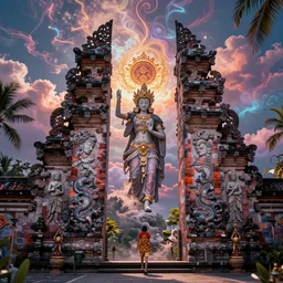 psychedelic version of the gates of heaven in bali, exquisite, volumetric lighting, 8 k octane beautifully detailed render, post - processing, extremely hyper - detailed, intricate, epic composition, cinematic lighting, masterpiece, trending on artstation, stunning art by caravaggio, by craig mullins, beautiful cinematic light