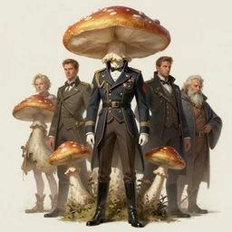 portrait of a mushroom!!!!!!!!!!! ( ( ( ( humanoid ) ) ) ) wearing a formal military outfit, science fantasy painting, elegant intricate digital painting artstation, art by jeff dee, jim roslof, dave laforce and erol otus, detailed