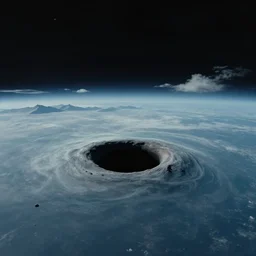 A black hole viewed from the surface of an ocean planet, sparse mountains on the horizon, clouds, art by Jessica Rossier