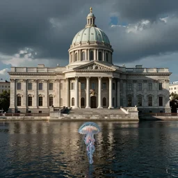 Neoclassical jellyfished building with dome and next to a waterway. By Konstantin Razumov, highly detailded