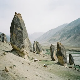 valley of flowers with high and small monoliths, humans, renaissance, film grain, high detailed,