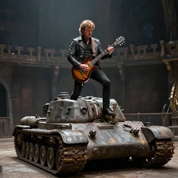peter capaldi doctor who playing an electric guitar on top of a tank inside a viking arena