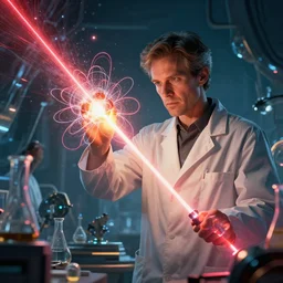 scientist blast atoms with fibonacci laser to make an extra dimension of time, portrait shot, epic cinematic hyperrealism masterpiece. realistic poster with shade lighting by craig mallismo, artgerm, jeremy lipkin and michael garmash, unreal engine, radiant light, detailed and complex environment, digital art, art station trends