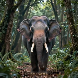 magical elephant in a forest, realistic cinematic, volumetric lighting, centered, symmetrical, sharp focus, digital painting, mystical art, smooth, trending on Artstation, 4k
