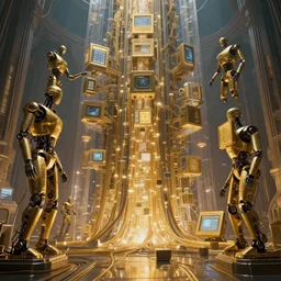 cult of technology, exterior of scifi temple, machines, robots, ultra realistic, golden computers, highly detailed, atmosphere, masterpiece, epic lighting, glowing wires, transparent objects, mysterious, highlighted, 4 k, cinematic, art by patryk olkiewicz and chris ostrowski and liang yao
