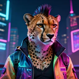 a beautiful commission of a male anthropomorphic cheetah wearing a neon jacket,futuristic,detailed face,character design by charles bowater,mohawk,cyberpunk style,deviantart,artstation,art by greg rutkowski,ross tran,professional lighting,neon city,night,raytracing,rtx,highly realistic,4k,dramatic,hyperrealism