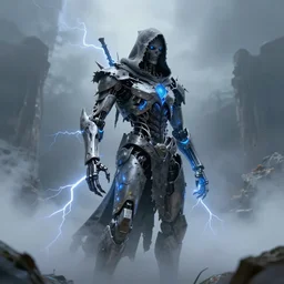 character design, biomechanical arcanist, tattered hood, blue lightning, mist, fog, scary, photorealistic, cinematic, hyper realistic, octane render, 8 k, wide angle