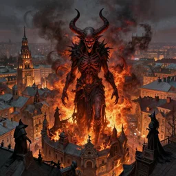 lviv downtown in hell, inferno, witches, demons, panorama, highly detailed, full body, digital painting, trending on artstation, concept art, sharp focus, illustration, art by artgerm and greg rutkowski and magali villeneuve