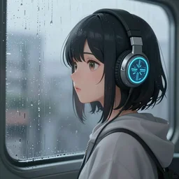 a girl with headphones is looking at a rainy window in the style of a code vein character creation, cyberpunk art by Yuumei, cg society contest winner, rayonism light effects and bokeh, daz3d, vaporwave, deviantart hd