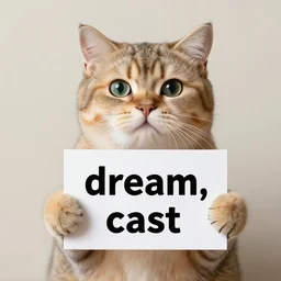 realistic high quality photo of a cute cat holding a sign with text that reads : dream, cast