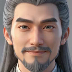 face closeup covered with 4 0 year old man, siny smile, medium sized eyebrows, gren grey eyes, pale skin, grey beard, long grey hair, symmetric face, 3 d render, hyper - realistic detailed portrait, ruan jia, wlop