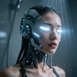 photo of soulful female as a cyberpunk mecha humanoid robotic head and face parts with straight bright led lights, small light emitting cables, under a shower, wet skin with water dripping down face, ultra - realistic and detailed, long exposure 8 k