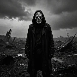 the grotesque masked face of the watcher standing in a post apocalyptic wasteland, epic scene, dark, wet, dismal, grotesque mask, horror vibe, twilight, dark, dusk, stormy, black and white, atmospheric, moody lighting, grainy, gritty, epic
