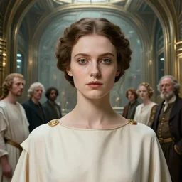 closeup portrait of beautiful aristocrat wearing minimalist byzantine outfit inside bronze art deco arcology, science fiction concept art by j. c. leyendecker, greg rutkowski, deak ferrand, anato finnstark, and rembrandt