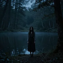 a somber image of a women standing by a still lakeside at midnight, digital art, surreal and haunting forest surrounding