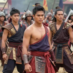 beautiful and handsome philippine's stars dress as tai warriors in crowded battlefield.