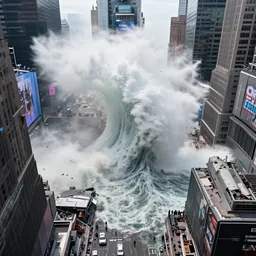 a mega - tsunami in times square causing massive destruction, birds eye photograph, 8 k resolution, sharp focus, wide angle, hyper - detailed, 8 5 mm photograph